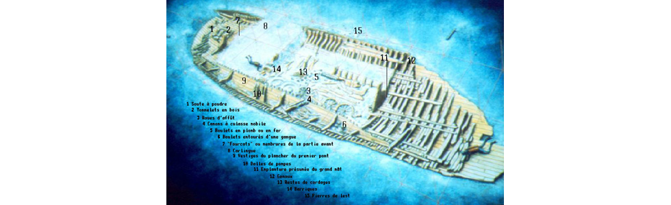 I resti della nave Lomellina, affondata per una tempesta a 400 metri dal bacino di Villefrance-sur-mer il 15 Settembre 1516