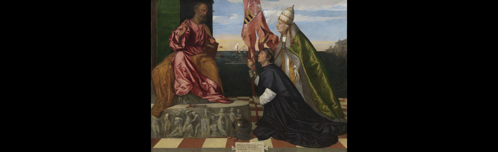 La Pala di Aversa (<em>Tiziano</em>). Il quadro celebrava la vittoria navale sui turchi del 1502 ottenuta da Jacopo Pesaro, ammiraglio della flotta pontificia.